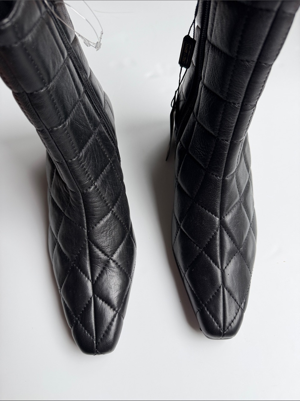 Made In Italy Black Quilted Leather Ankle Boots Square Toe Block Heel Size 39 - Picture 9 of 16